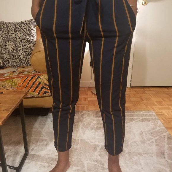 Zara Dark Navy Orange Striped Tie Waist Ankle Cropped Pant - Picture 3 of 4